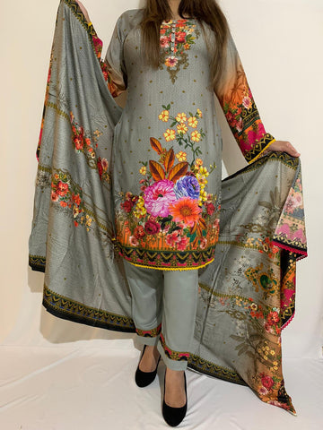 3 PC PRINTED WINTER LINEN SUIT WITH LINEN DUPATTA