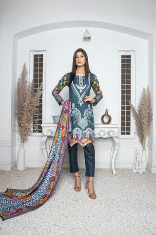 WINTER MARINA LINEN EMBROIDERED SUIT WITH WOOL DUPATTA