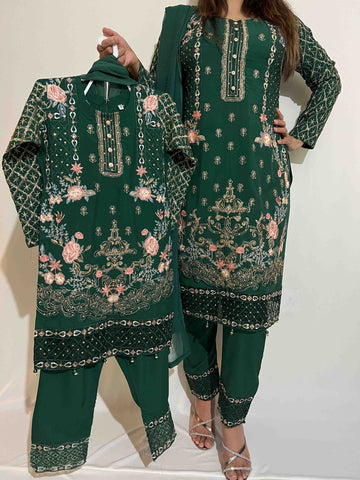 EMBROIDERED READYMADE LINEN MOTHER & DAUGHTER SUIT GREEN TS-175 | BUY PAKISTANI SUIT ONLINE