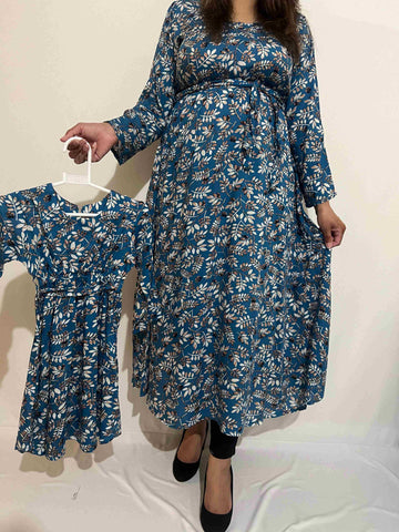 MOTHER & DAUGHTER PRINTED WINTER STONE LINEN DRESS