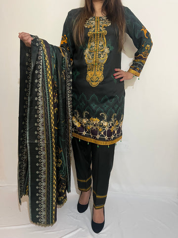 WINTER MARINA LINEN EMBROIDERED SUIT WITH WOOL DUPATTA