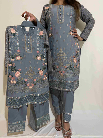 Embroidered Readymade Linen Mother & Daughter Suit Grey TS-175 | Buy Pakistani Suit Online