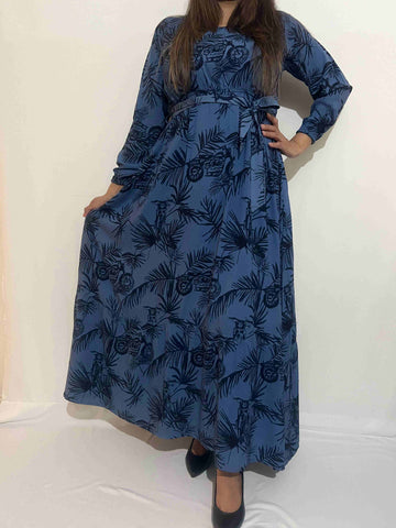 BLUE PRINTED WINTER STONE LINEN DRESS