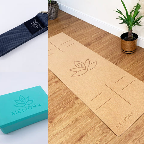 Cork yoga mat, EVA block, stretch belt