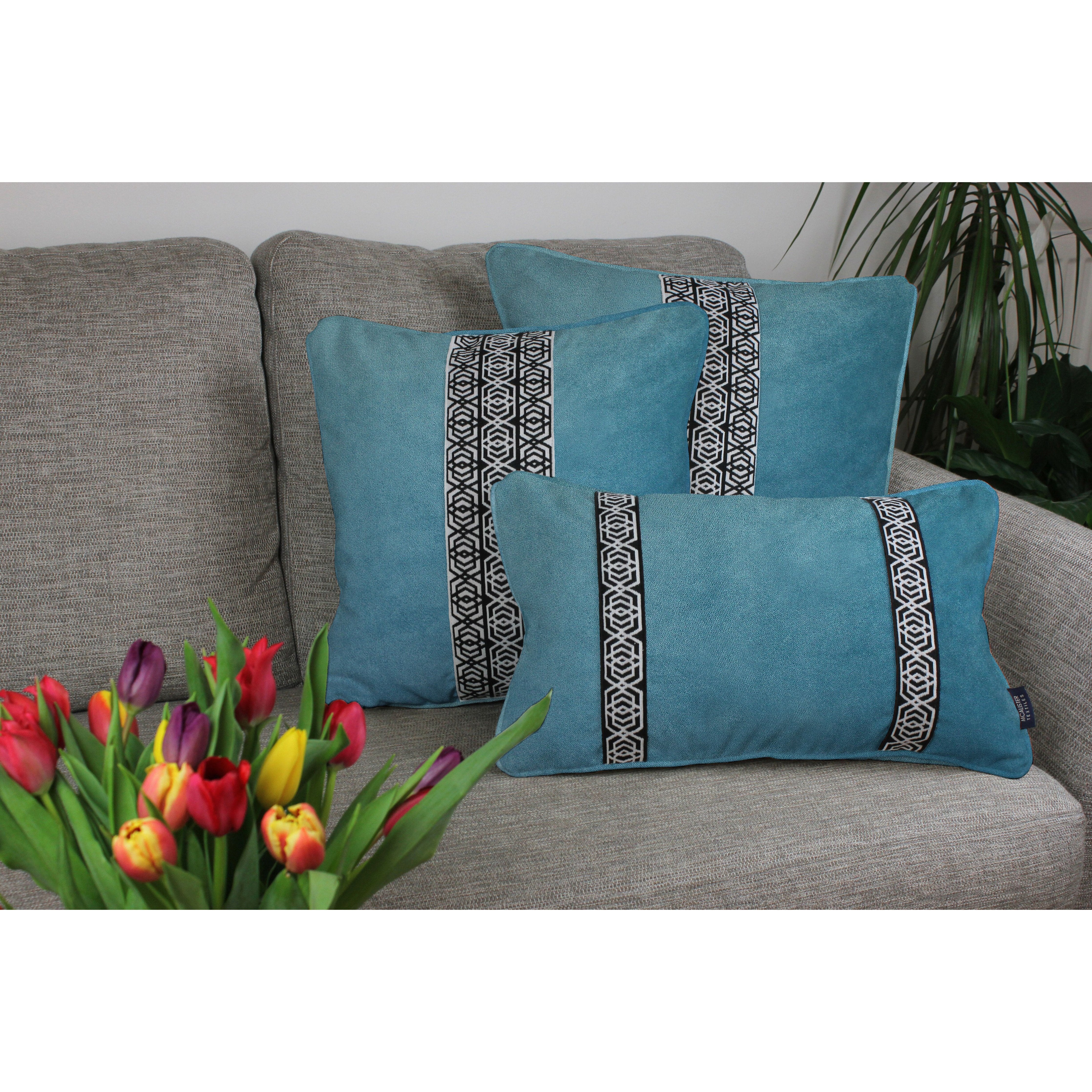 McAlister Textiles Coba Striped Duck Egg Blue Velvet Cushion Cushions and Covers 