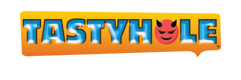 TastyHole Logo Orange chat bubble with the word TastyHole in blue lettering and a Devil emoji where the O should be.