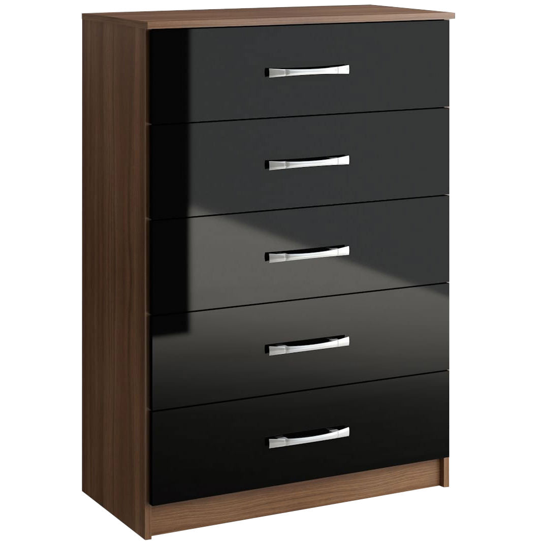 High Gloss Walnut Bedroom Chest Of 5 Drawers Black Cream White