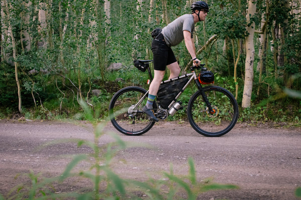 Person riding a bike on a dirt road in the forest. 