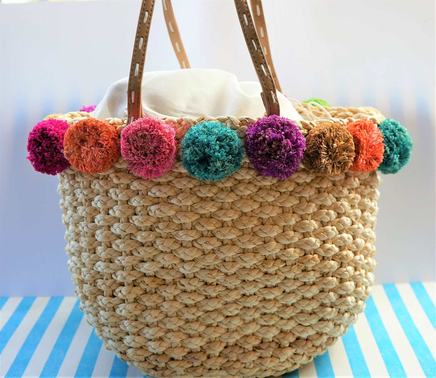 Spring Summer Straw Tote Bag with Colorful Puff Ball Trim – stylinPOP