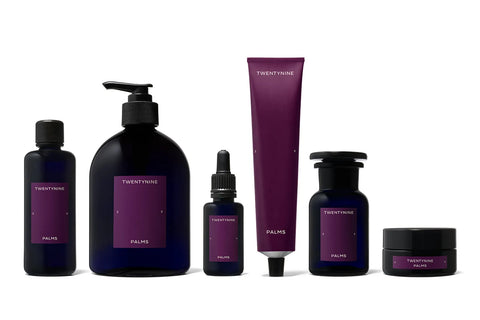 A cross-section of the lineup, including the Cosmic Cypress Facial Cleanser (far left), Mesquite Springs Hydrating Serum (center), and Santa Ana Salve Facial Moisturizer (far right). The brand’s shampoo and conditioner, along with its hand and body washes, come in the squat pump bottles. 