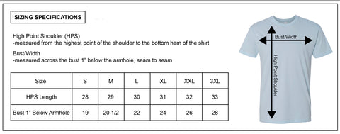 Size guide for adult unisex shirts