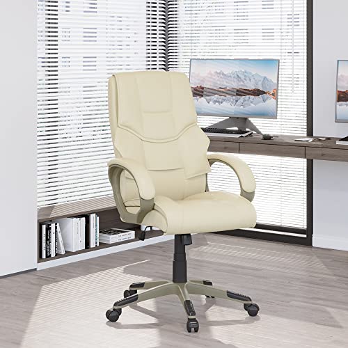 HOMCOM Computer Office Swivel Chair Desk Chair High Back PU Leather Height Adjustable w/Rocking Function (Cream)