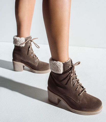 ZOOM Lace Up with Shearling in Stone Suede