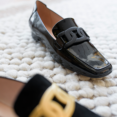 GRADY Moccasin with Hardware in Black Patent