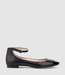 FONDA Cap Toe Ballet with Ankle Strap in Black