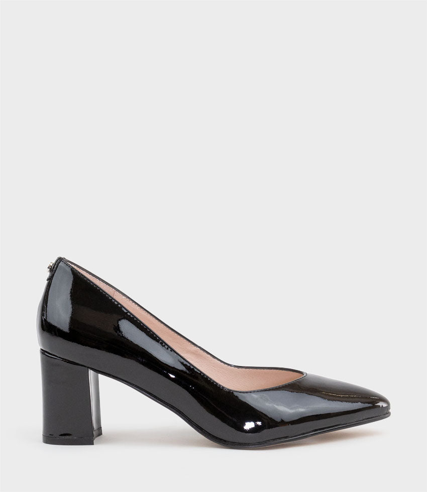 CORDELIA60 Pointed Block Heel Pump in Black Patent - Edward Meller