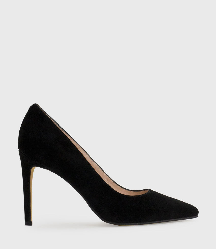 GAGA 100mm Pointed Toe Pump in Black Suede - Edward Meller