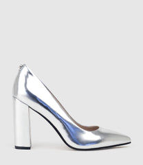 GIGI100 Block Heel Pump in Silver Mirror