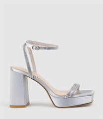 RASSO95 Platform Sandal with Diamante Straps in Silver Satin