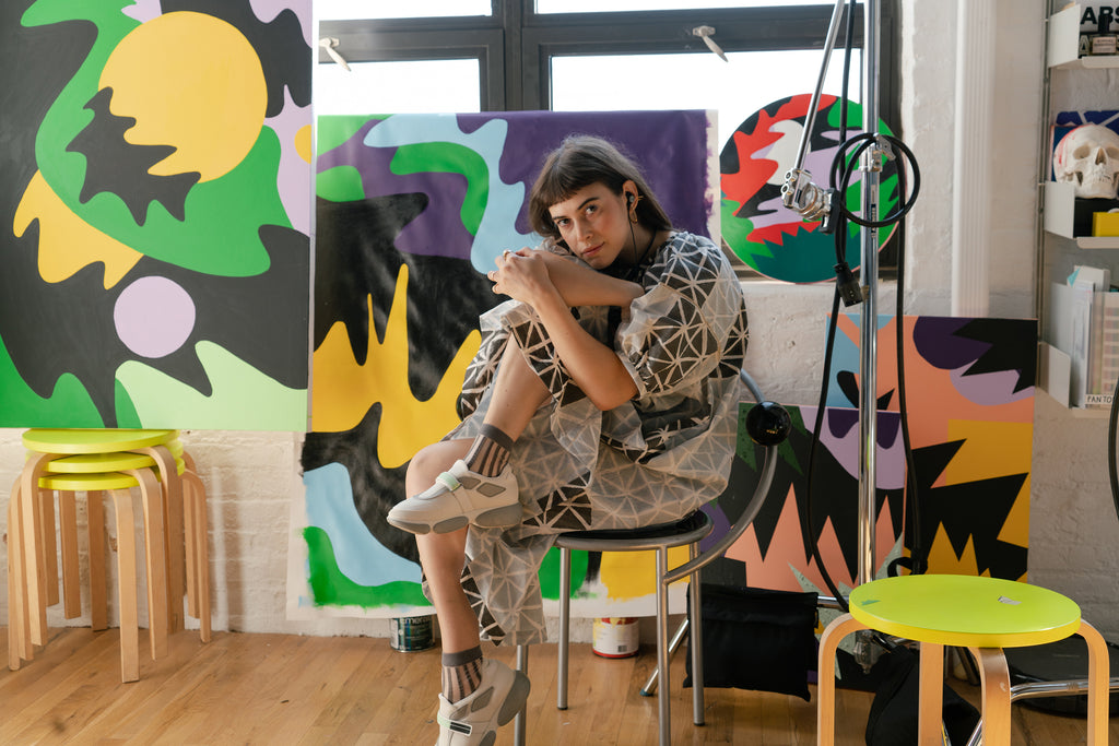 Leta Sobierajski in her studio wearing the Seek Collective Goa Dress