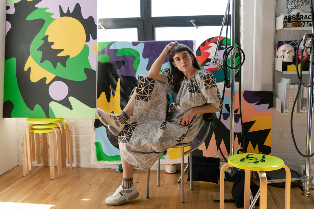 Leta Sobierajski in her studio wearing the Seek Collective Goa Dress