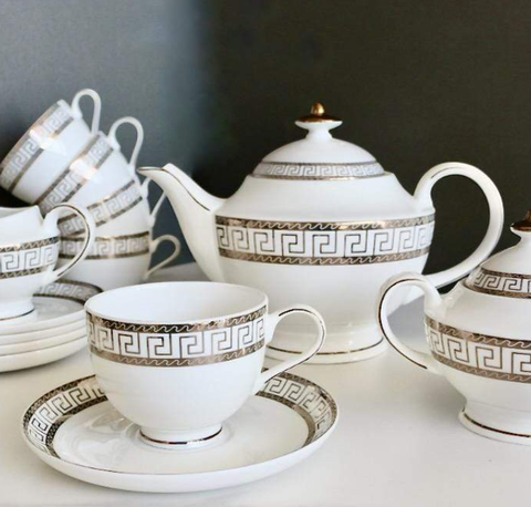 Afternoon Tea Sets | White bone china tea set with golden decorations.