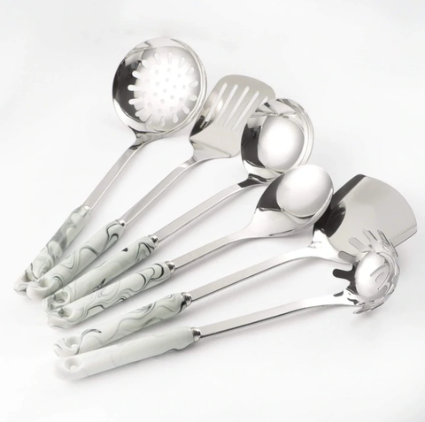 Home Utensils | Silver utensils set with white marble handles.