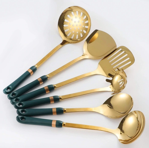Ceramic Utensils | Golden utensils set with green handles.