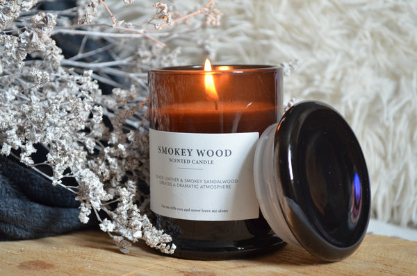 Black leather and smokey sandalwood scented candle