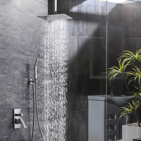 SR Sunrise's Brushed Nickel Ceiling-Mounted Shower System in a bathroom 
