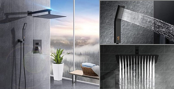 SR Sunrise’s Matte Black 12-inch Wall-Mounted Rainfall Shower System with Tub Spout