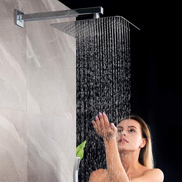 woman taking a shower using Polished Chrome Wall-Mounted Shower System from SR Sunrise
