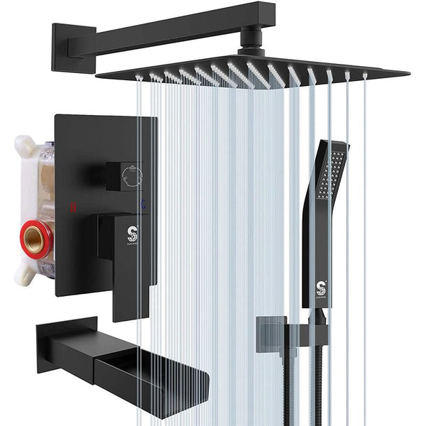 12-inch Matte Black Wall-Mounted Rainfall Shower System With Tub Spout from SR Sunrise