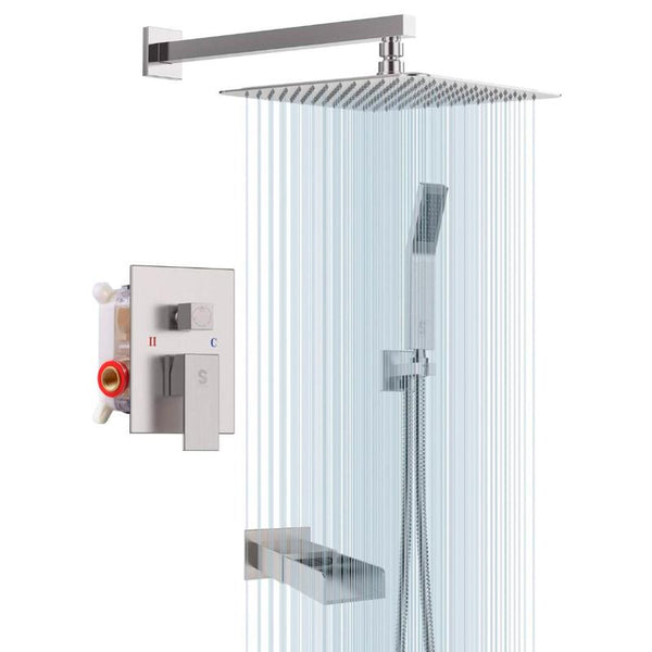 Brushed Nickel Wall-Mounted Rainfall Shower System with Tub Spout from SR Sunrise