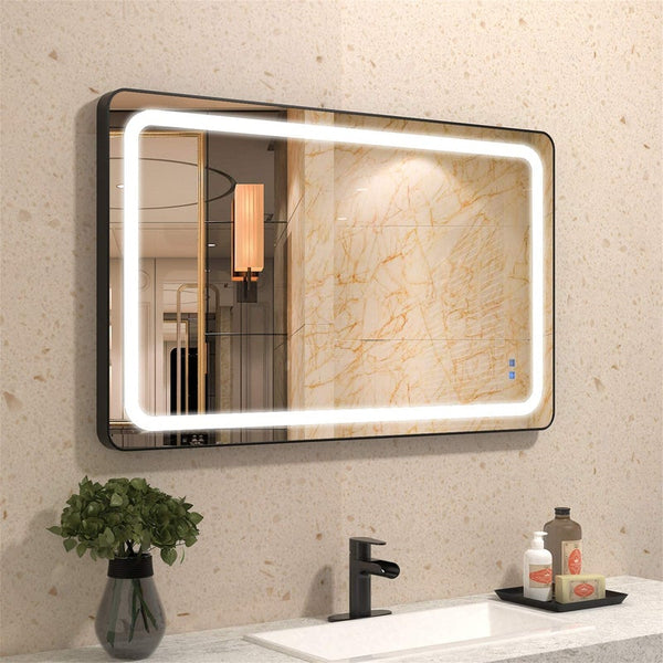 illuminated LED bathroom vanity mirror from SR Sunrise on beige wall