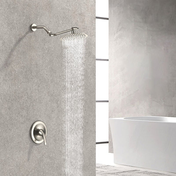 SR Sunrise brushed nickel shower set features an adjustable rain showerhead in gray walled bathroom