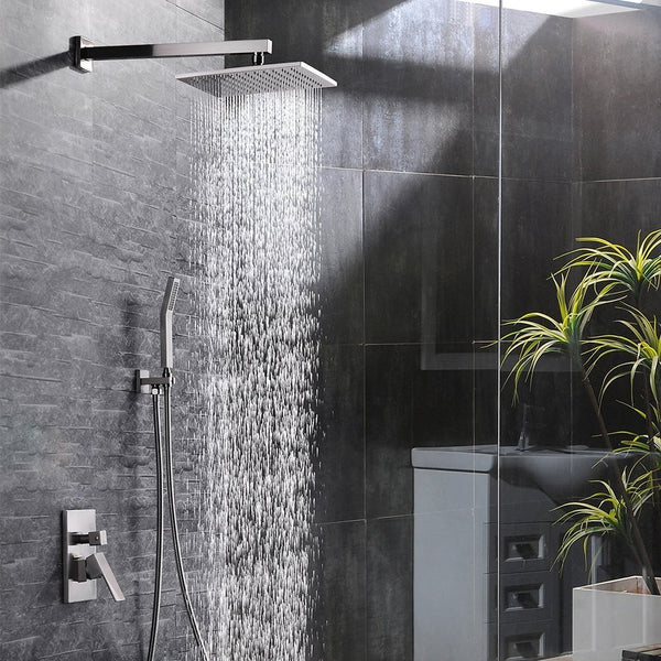 SR Sunrise rain showerhead system in a dark gray bathroom with indoor plants