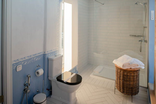 tiny bathroom with blue and white color scheme with some brown