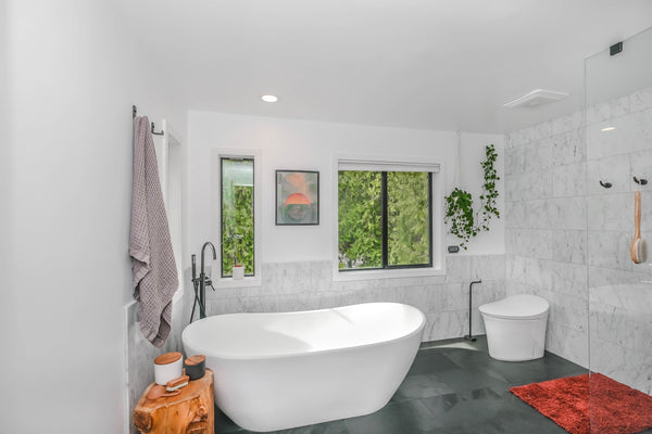bathroom with stand alone tub and pothos plant