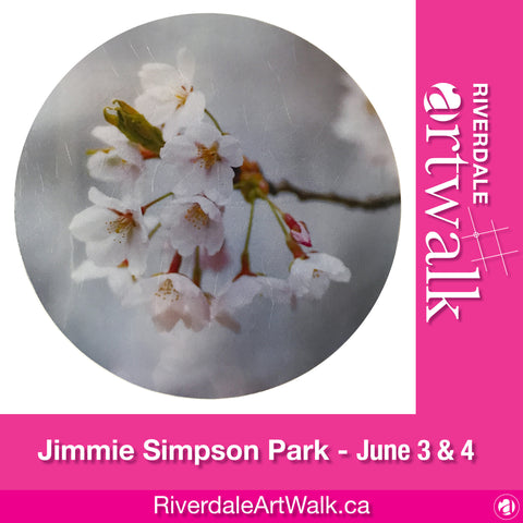 Riverdale ArtWalk 2023 graphic with photograph titled Freedom to Flourish by Nicola Woods.  White text over pink background and image of cherry blossoms