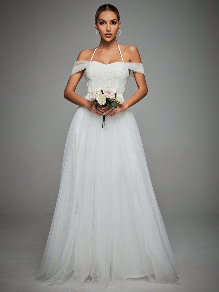 Contrast Guipure Lace Mesh Tube Wedding Dress Without Veil