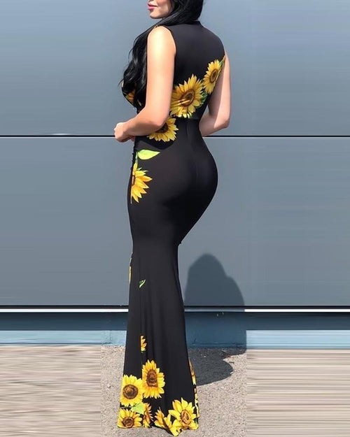 Head To Toe Plunge Sunflower Print Slit Maxi Dress - Price Connection