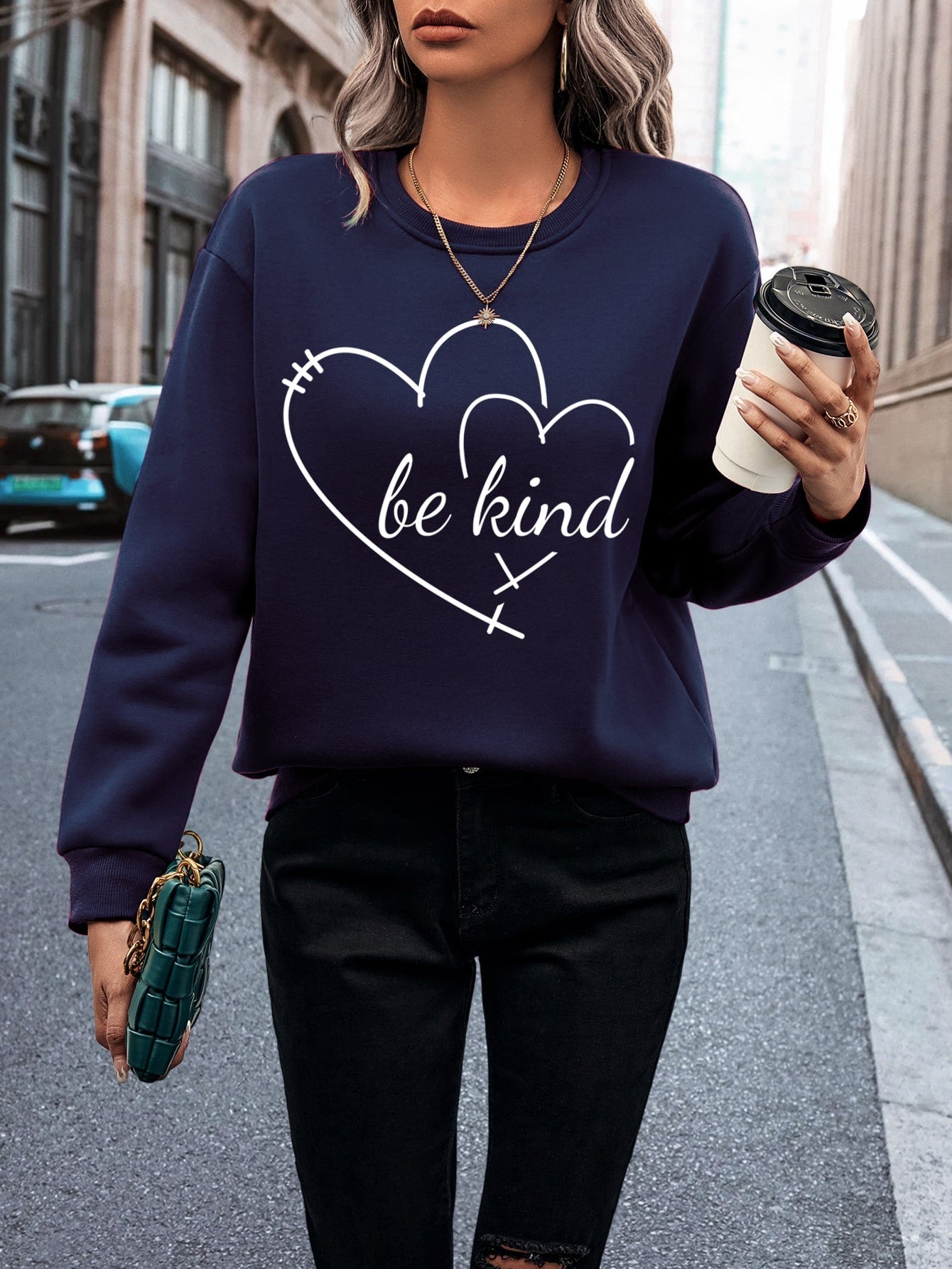 Heart & Slogan Graphic Thermal Lined Sweatshirt