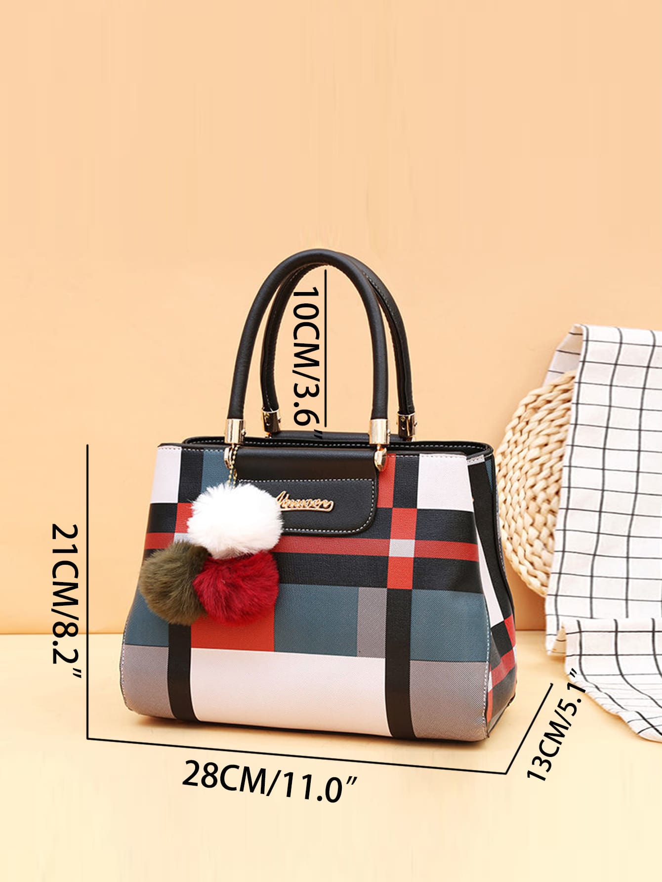 Plaid Print Flap Square Handbag With Twilly Scarf Decoration