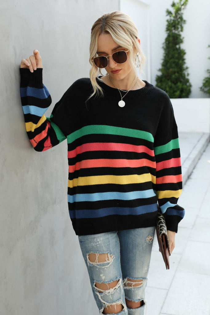 Rainbow Rib-Knit Turtleneck Drop Shoulder Sweater