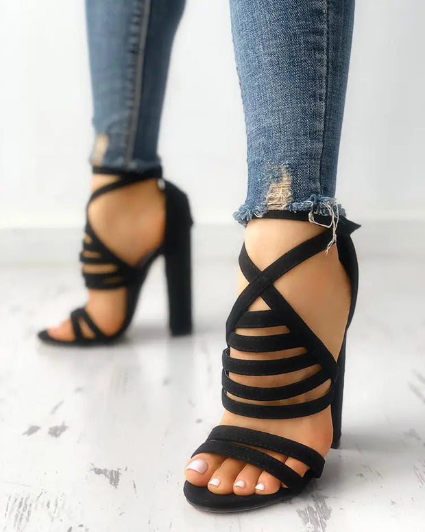Ladder Cutout Suede Buckled Chunky Heels