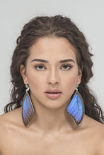 Load image into Gallery viewer, Long blue statement earrings made with real butterfly wings. Sterling silver filigree hooks. 
