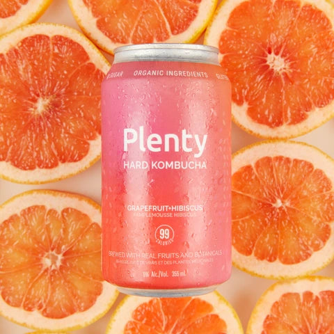 Grapefruit + Hibiscus by Plenty Hard Kombucha. A handcrafted alcoholic beverage naturally brewed to 5% alcohol content with refreshingly light, fruity and floral flavours