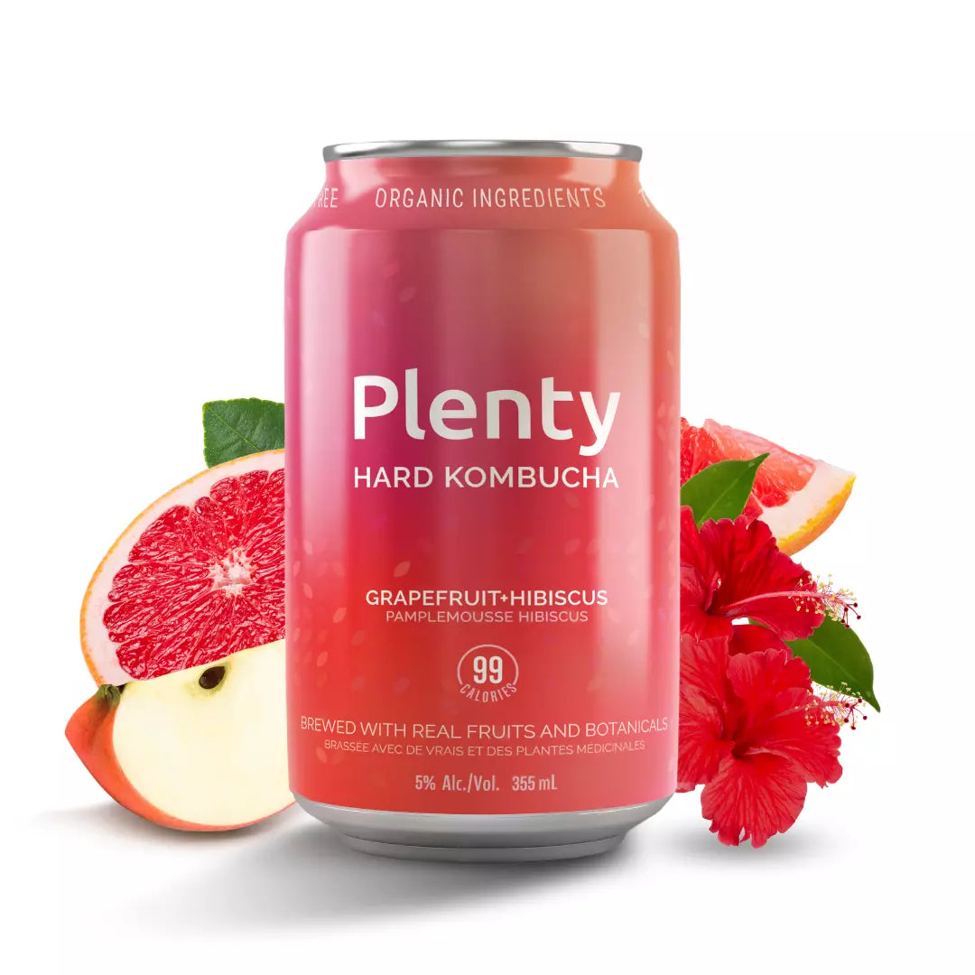 Grapefruit + Hibiscus by Plenty Hard Kombucha. A handcrafted alcoholic beverage naturally brewed to 5% alcohol content with refreshing fruit flavours