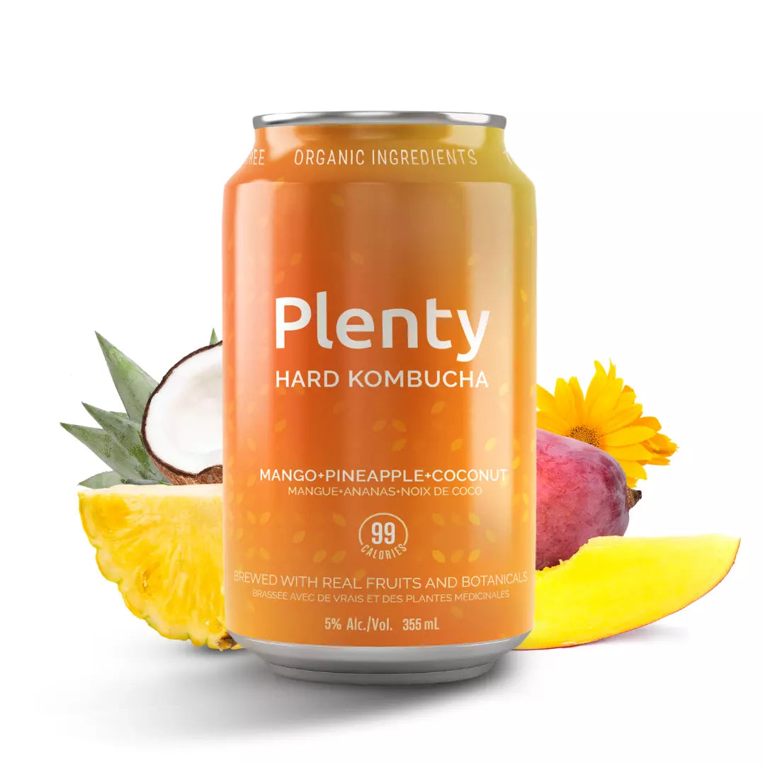 Mango + Pineapple + Coconut by Plenty Hard Kombucha. A handcrafted alcoholic beverage naturally brewed to 5% alcohol content with refreshing tropical flavours